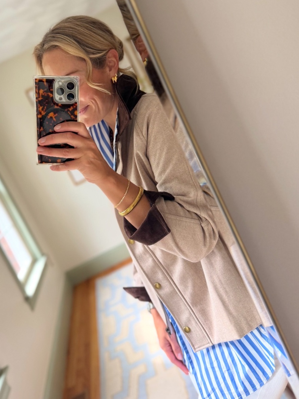 Duffield Lane Beige Sweater Jacket with Dark Brown Trim